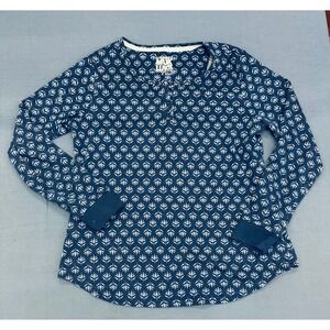 Muk Luks Womens Navy Blue Leaf Print Long Sleeve Henley Top Small SM S